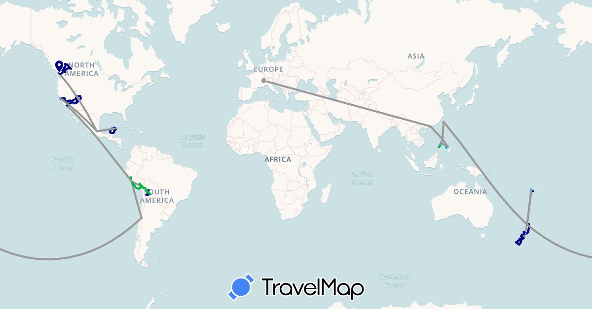 TravelMap itinerary: driving, bus, plane, boat in Bolivia, Canada, Switzerland, Chile, Fiji, Mexico, New Zealand, Peru, Philippines, Taiwan, United States (Asia, Europe, North America, Oceania, South America)